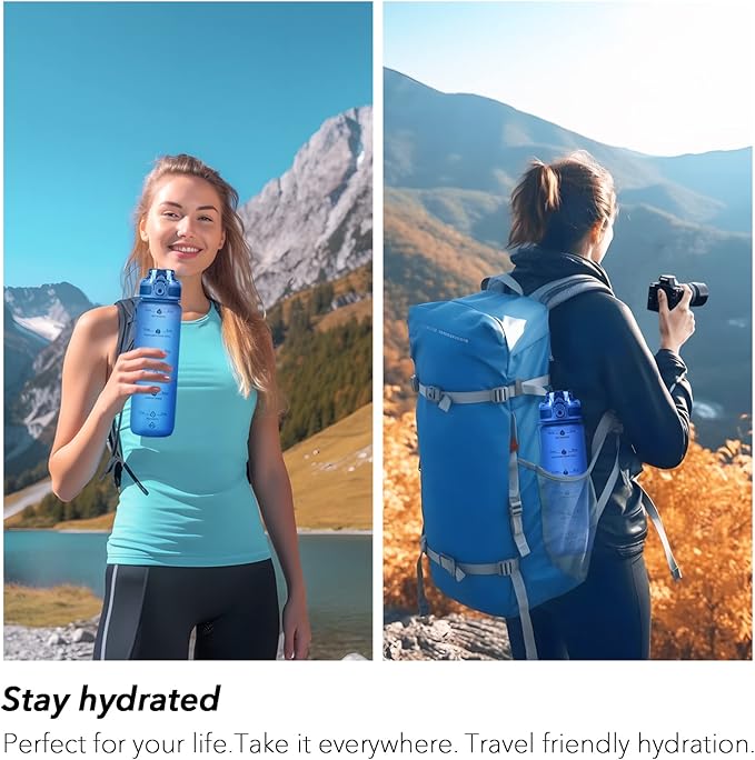 32oz Motivational Water Bottles with Time Marker & Fruit Strainer, Transparent Gradient Color Water Bottle with Times to Drink, Leakproof & BPA Free, Reusable Bottle with Strap (No Straw)-PawvioPets