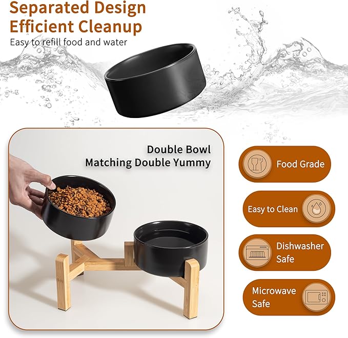 Elevated Ceramic Dog Bowl Set - Raised Dog Bowls with Non-Slip Bamboo Stand - Dog Food and Water Bowl Set - Double Dog Feeding Bowls - Suitable for Small and Medium Dogs - 28.74 OZ - 3.6 CUPS - 850 ML-PawvioPets