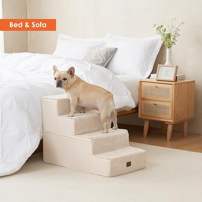 EHEYCIGA Dog Stairs for Bed 20" H, 4-Step Extra Wide Dog Steps for High Bed, Pet Steps for Small Dogs and Cats, Non-Slip Balanced Pet Ramp Indoor, Beige-PawvioPets
