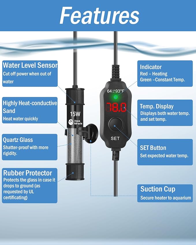 AquaMiracle Adjustable 15W Aquarium Heater Submersible Fish Tank Heater Super Short Aquarium Heater with LED Digital Display Thermostat, for Tanks 1-3 Gallons-PawvioPets