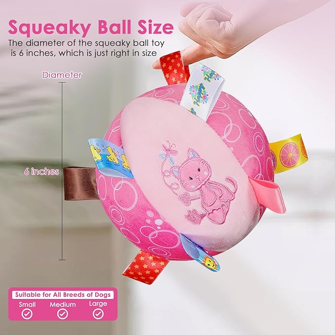 Dog Squeaky Plush Toy with Straps, 6-Inch Soft Stuffed Ball with Cotton Material and Bell Built-in, Pet Interactive Fetch Toy for Small to Large Dog-PawvioPets