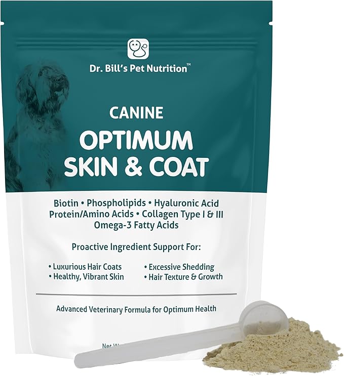 Dr. Bill's Canine Optimum Skin & Coat – Reduces Shedding, Itching, Dry Skin – Allergy Relief for Healthy Fur - Omega 3, Collagen, Biotin & Hyaluronic Acid – 680g Vet-Recommended Dog Supplement-PawvioPets