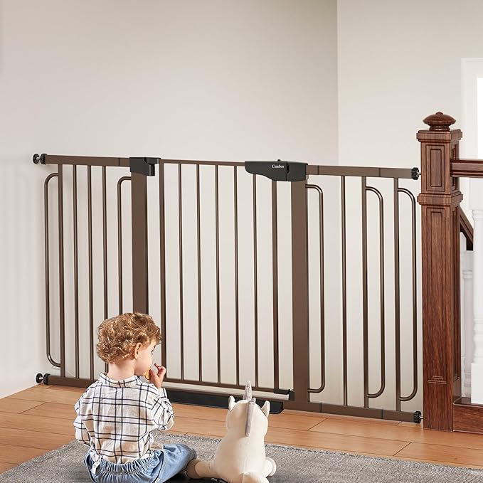 Cumbor 29.7-57" Extra Wide Baby Gate for Stairs, Mom's Choice Awards Winner-Dog Gate for Doorways, Pressure Mounted Walk Through Safety Child Gate for Kids Toddler, Tall Pet Puppy Fence Gate, Brown-PawvioPets