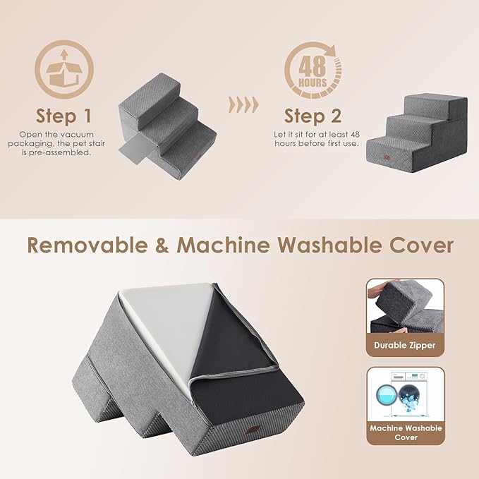 EHEYCIGA Dog Stairs for Small Dogs 16.5" H, 3-Step Extra Wide Dog Steps for Couch Sofa and Chair, Pet Steps for Medium Cats, Non-Slip Balanced Pet Ramp Indoor, Grey-PawvioPets