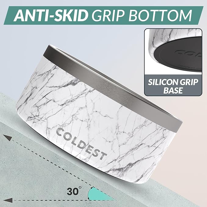 Coldest Dog Bowl - Anti Rust Metal, Non Slip, 3 Layers Insulated Stainless Steel Dog Bowls - Spill Proof & Heavy Duty - Water Bowl for Dogs, Cats & Pets, Dish Washer Safe (200 oz, Carrara Marble)-PawvioPets