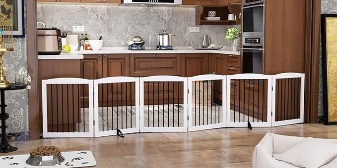 Freestanding Pet Gate for Dogs, Foldable Wooden Dog Gate for House, Extra Wide Indoor Pet Barrier for Stair, Doorway, Hall, Support Feet Included, 120 Inch Wide, 6 Panels 24", White-PawvioPets