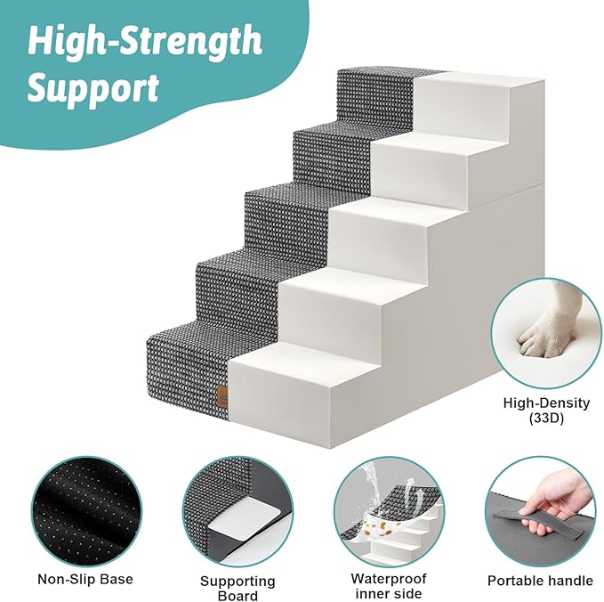 Dog Stairs for Small Dogs, 5 Tier Removable Wider Pet Stairs for Couch and Bed, 23.6" H Non-Slip Dog Steps for Puppies and Old Cats with Support Board, 29.5x19.7x23.6 inch, Dark Grey-PawvioPets