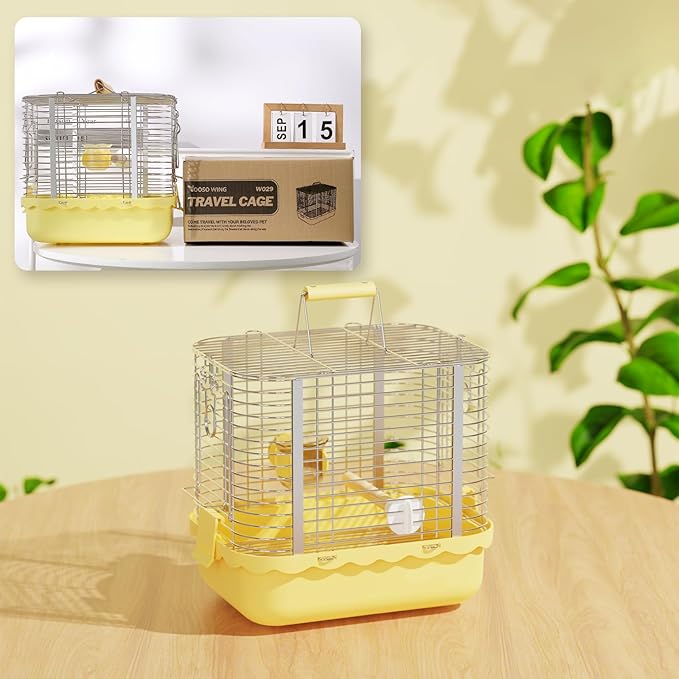 Bird Carrier Travel Cage, Durable Portable Stainless Steel Birdcage with Bird Perch & Feeding Bowl for Parrots Canaries Budgies Lovebirds Conures Cockatiels (Small Yellow)-PawvioPets