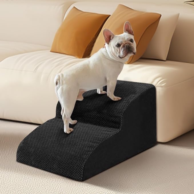 Dog Stairs for Small Dogs - High Density Foam Pet Steps, Extra Wide Dog Ramp with Non-Slip Bottom for High Beds, Couch and Sofa, Best for Dogs Injured, Older Doggy Cats,2 Steps, Black-PawvioPets