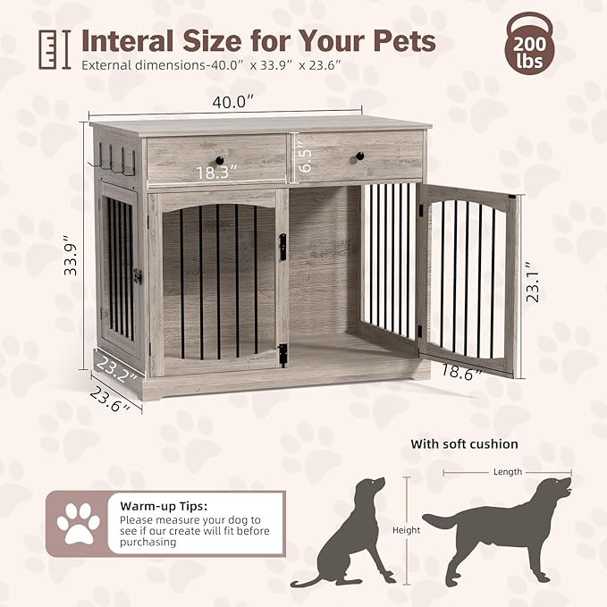 40 Inch Furniture-Style Dog Crate-Multipurpose Wood Pet Crate Furniture with Double Doors,2 Drawers, Decorative Dog House Indoor for Smal/Medium Dogs, Gray Finish-PawvioPets