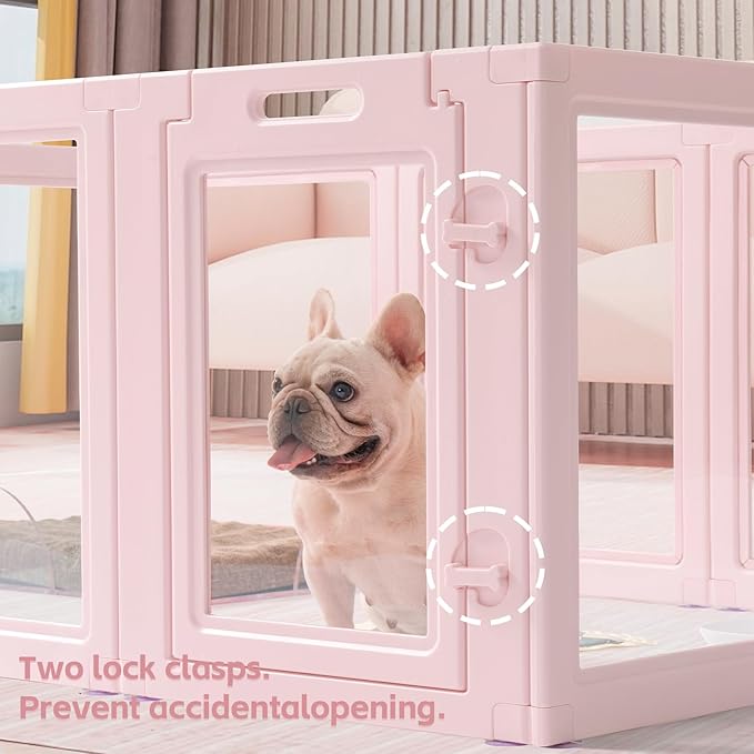 DIY Clear Acrylic Dog Playpen House,Quick Easy Assembly and Disassembly,Strong Floor Suction,Indoor and Outdoor Use,Easy Cleansing Puppy Fence (Skin Pink, 23.6" H, 10PCS)-PawvioPets