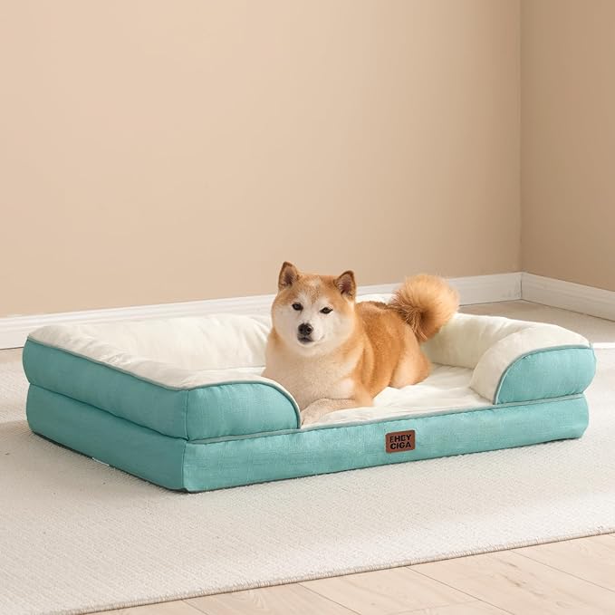 EHEYCIGA Orthopedic Dog Beds for Large Dogs, Waterproof Memory Foam Large Dog Bed with Sides, Non-Slip Bottom and Egg-Crate Foam Pet Couch Bed with Washable Removable Cover, Turquoise Blue-PawvioPets
