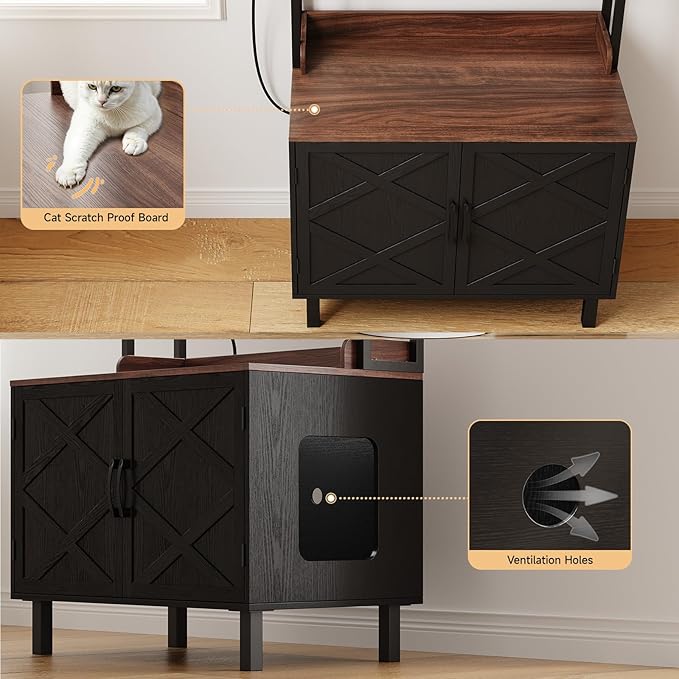 55 Inches Cat Litter Box Enclosure, Hidden Litter Box Furniture with 2 Storage Shelves and Charging Sockets, Wooden Cat House, Large Indoor Cabinet for Living Room & Entryway, Black-PawvioPets