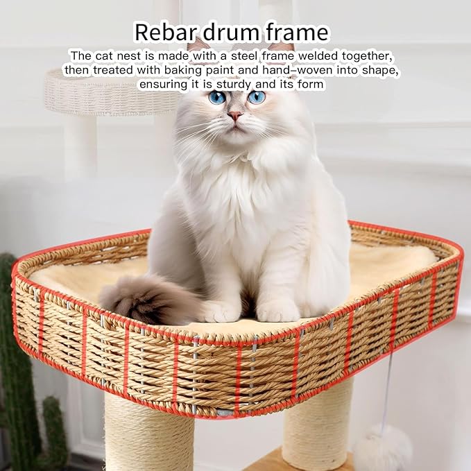 34 Inch Solid Wood Cat Tree Tower with Space Capsule, Hand-Woven Basket Nest, Feather Toy, Hanging Balls, Sisal Posts, 4-Tier Indoor Climbing Cat Tower for Kittens-PawvioPets