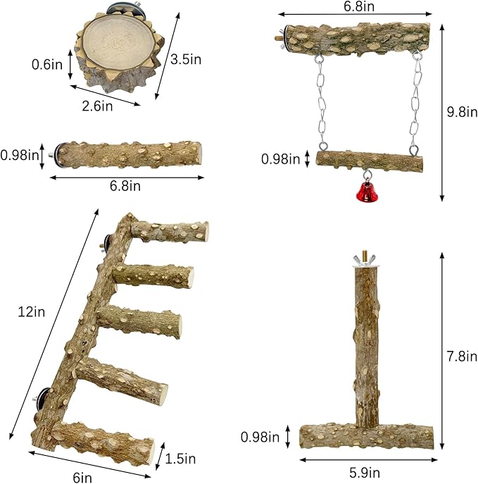 BNOSDM Natural Wood Bird Ladder Perch 6Pcs Parrot Stand Branches Climbing Chewing Stick Parakeet Swing Toys Cage Accessories Paw Grinding Fork Sets for Lovebirds Cockatiels Conure Budgies-PawvioPets