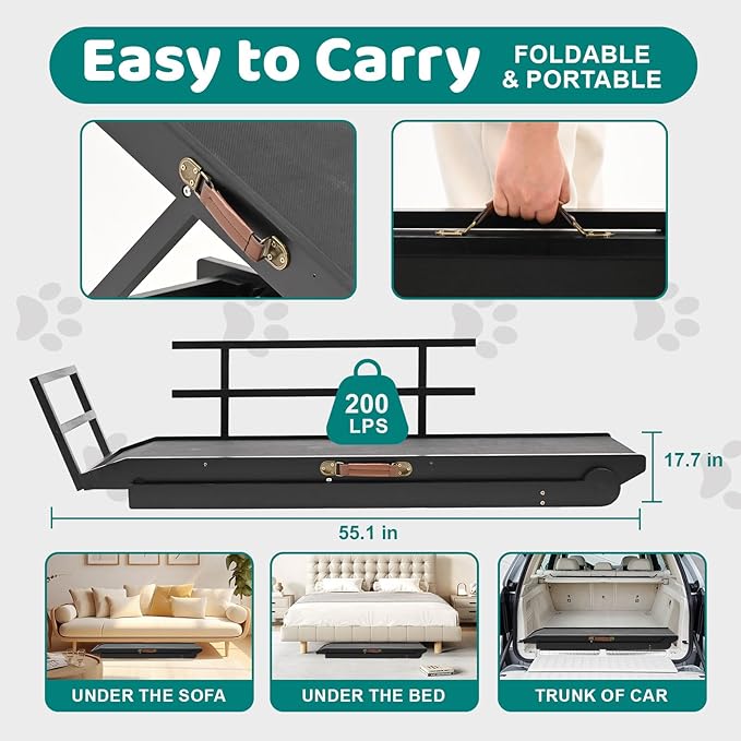 Dog Ramp for Bed, Adjustable Pet Ramps for Dog to Get on Bed, Non-Slip Rubber Surface - Folding Wooden Dog Ramp for Small/Large/Old Dogs, Adjustable up to 27.5 inch High Beds, Safety Railings-PawvioPets