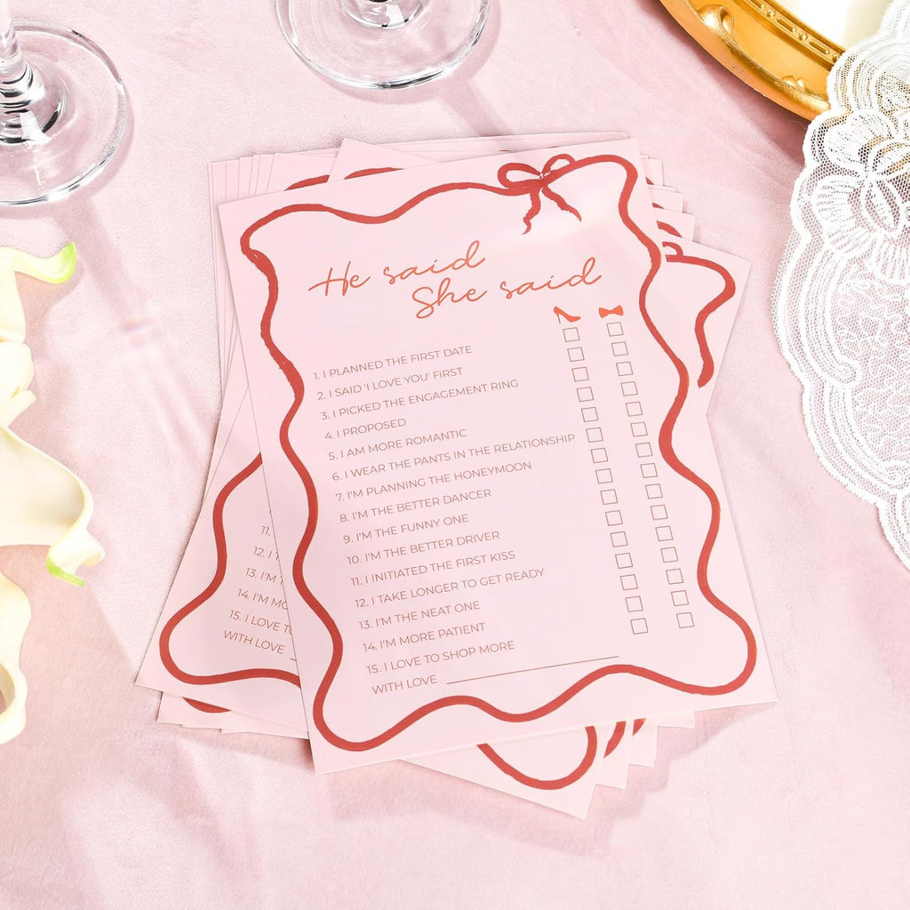 DEEKA 30 PCS Bridal Shower Games Card for 30 Guests Pink Wavy Border Ribbon Bow Funny Wedding Bachelorette Party Games for Reception (He Said She Said)