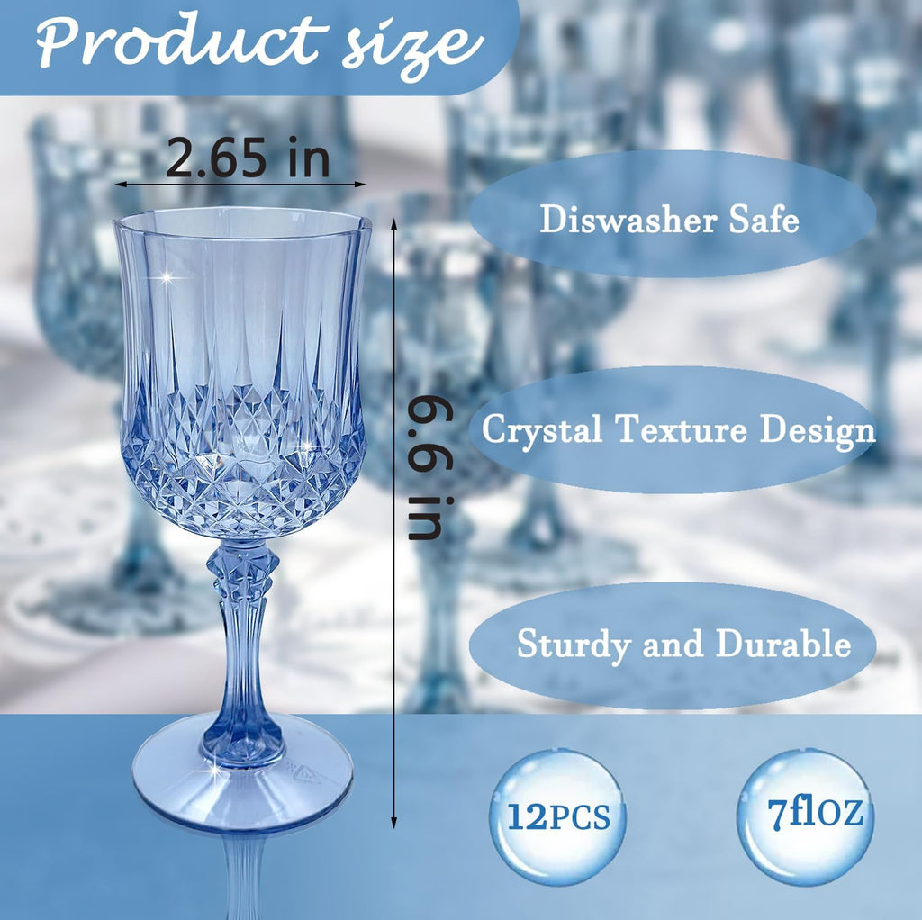 Plastic Wine Glasses，Plastic Goblets Vintage Style Cordial Drinking Glasses for Wedding Reception, Grand Event Party Supplies (12, Blue)
