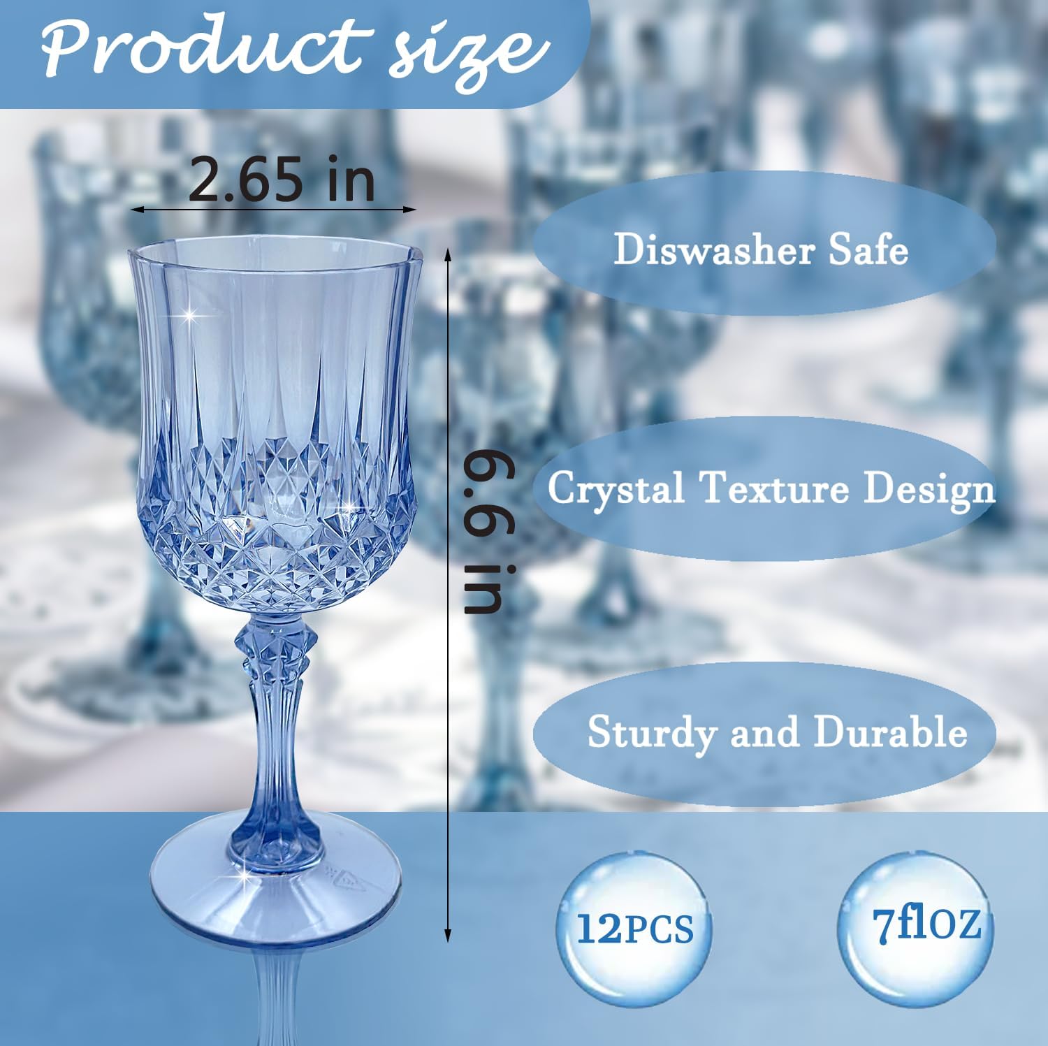 Plastic Wine Glasses，Plastic Goblets Vintage Style Cordial Drinking Glasses for Wedding Reception, Grand Event Party Supplies (12, Blue)