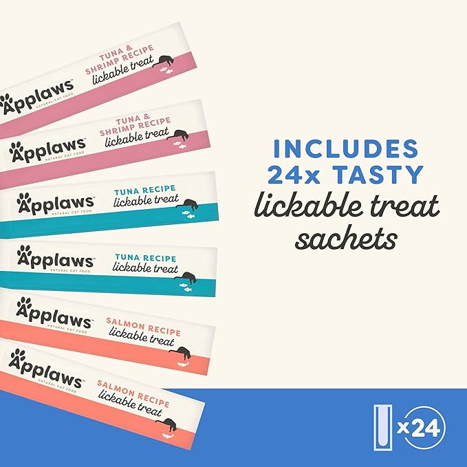 Applaws Lickable Cat Treats, Natural Grain-Free Purée, Limited Ingredient, Fish Squeeze Up Cat Treats (24 x 0.25 oz Sachets)-PawvioPets