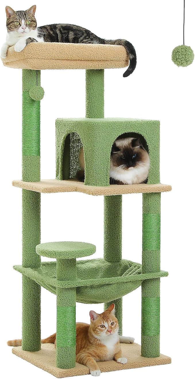 Cactus Cat Tree for Indoor Cats, 45.7" Multi-Level Cat Tower with Large Metal Frame Hammock, Cat Condo with 4 Scratching Posts and Top Perch, Green-PawvioPets
