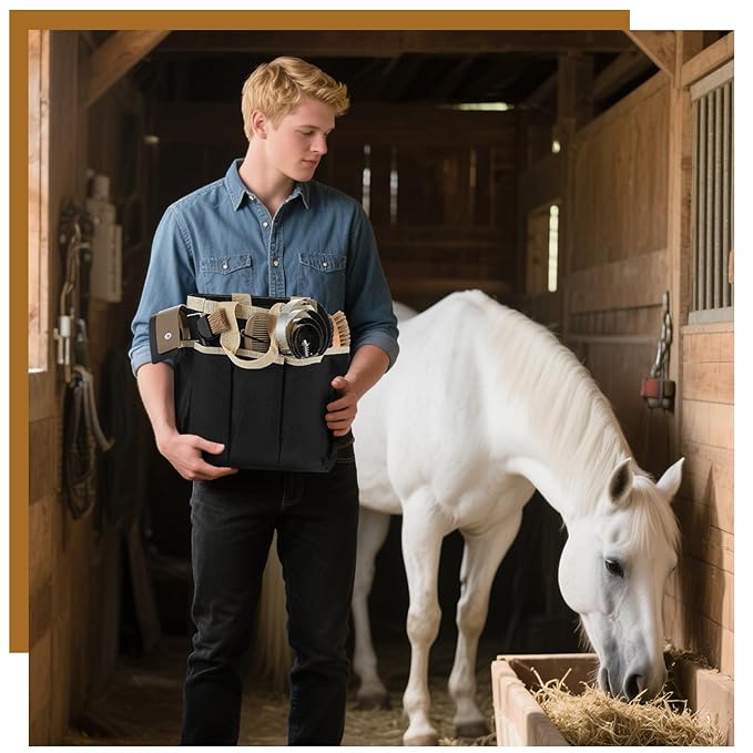 Abbylike 12 Pieces Horse Grooming Kit with Organizer Tote Bag Tack Room Supplies Horse Brush Sets Equine Care Cleaning Kit Shedding Grooming Massaging Tools(Khaki)-PawvioPets