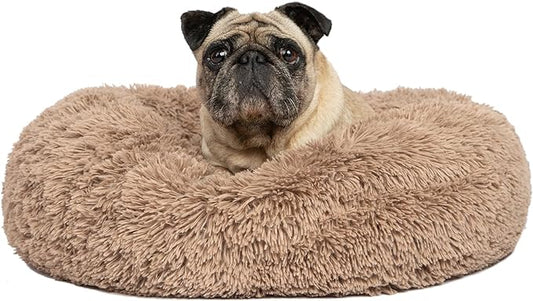 Best Pet Supplies Round Donut Dog Bed with Plush Faux Fur Fabric, Calming, Anti-Anxiety Cushion for Indoor Pets, Slip-Resistant Base, Soft Ergonomic Support - Caramel, 24x24x7''-PawvioPets