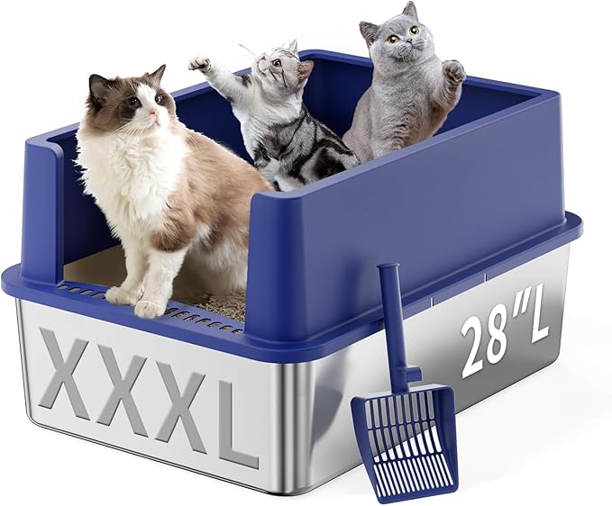 28" Extra Large Stainless Steel Cat Litter Boxes with Lid Metal Cat Litterbox Pan for Big Cats and Multiple Cats, Anti-Leakage, Easy Cleaning, Include Scoop-PawvioPets