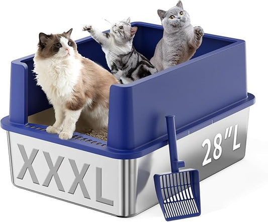 28" Extra Large Stainless Steel Cat Litter Boxes with Lid Metal Cat Litterbox Pan for Big Cats and Multiple Cats, Anti-Leakage, Easy Cleaning, Include Scoop-PawvioPets
