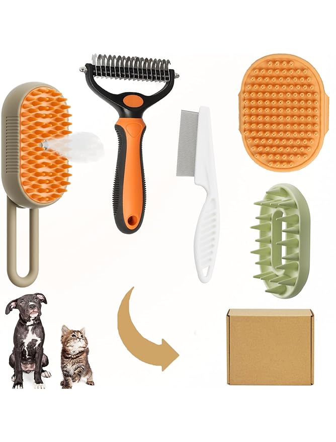 5 Pack Pet Steam Brush Kit – Pet Water Brush for Cats Shedding – Includes Steam Brushes, Undercoat Rake, Massage & Flea Comb for Cats and Dogs - Matted Fur Dematting Tool-PawvioPets