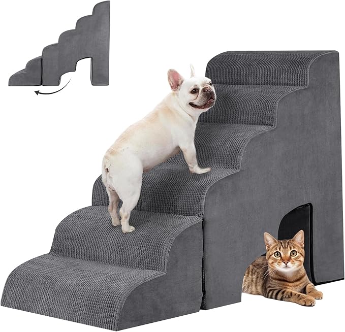 6 Step Dog Stairs&Steps 29 Inches Tall Up to 29-32 Inches High Bed, Dog Ramp Cat Stairs Pet Ladder for Small Medium Dogs, Doggie, Old Cats, Kitty, Grey-PawvioPets