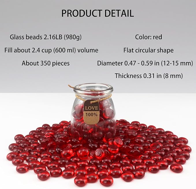 2.16LB Glass Beads Vase Filler Aquarium Gravel Decor Flat Glass Marbles Gems Pebbles Fish Tank Rocks Home Decorative Art Craft - Red-PawvioPets