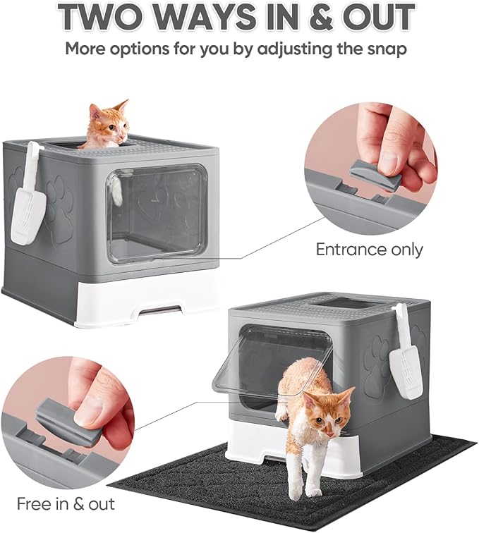 Cat Litter Box with X-Large Litter Mat and Scoop, Large Foldable Litter Box with Lid, Enclosed Kitty Box,Front Top Entry Exit, Odor Control Easy to Clean (Upgrade Dark Grey)-PawvioPets