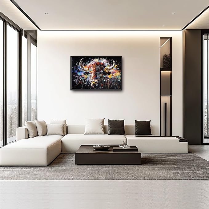 Framed Large Bison Buffalo Wall Art for Living Room, Oversized Graffiti Yak Cow Wall Decor Banksy Bull Canvas Painting Animal Pictures Modern Artwork for Living Room Bedroom Office 36"x24"-PawvioPets