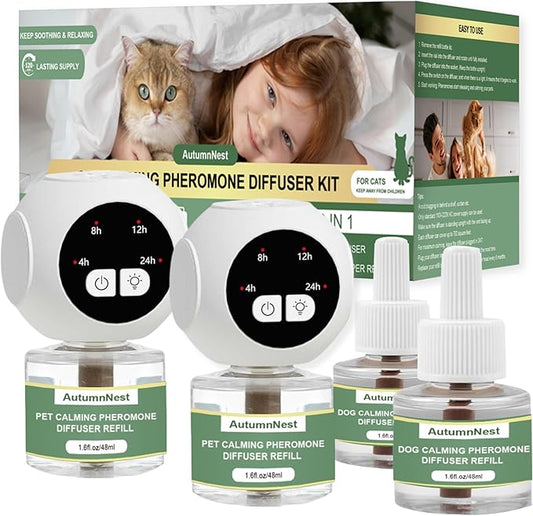 Cat Calming Pheromones Diffuser Kit with Timer – 2 Plug-Ins + 4 Refills (48ml) – 4-Level Timing – Stress Relief for Cats – Helps with Hiding, Scratching, Urine Marking, Travel, Vet Visits-PawvioPets