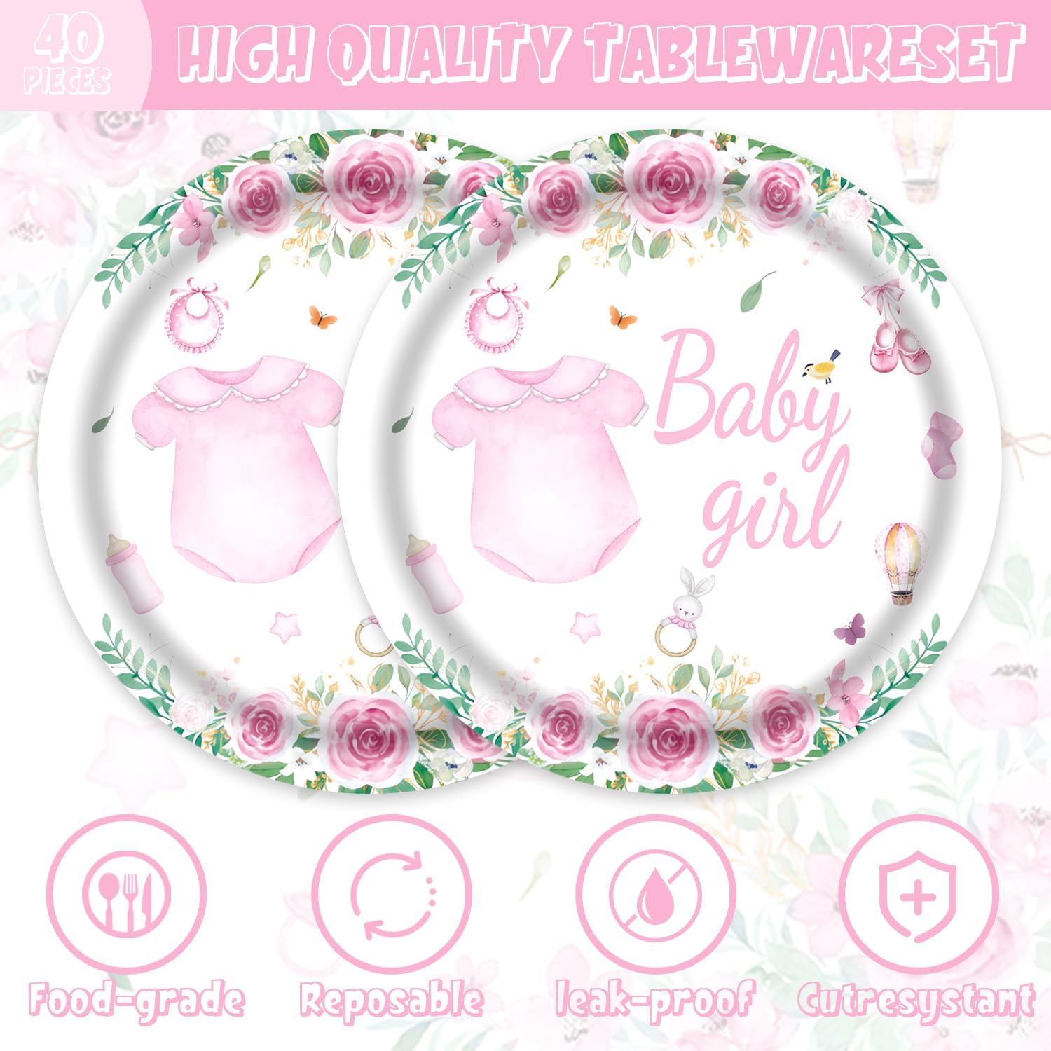 40pcs Pink Floral Baby Shower Decorations Girl Gender Reveal Supplies,Spring Rose Pink Baby Shower Plates and Napkins,Suitable for 20 Guests