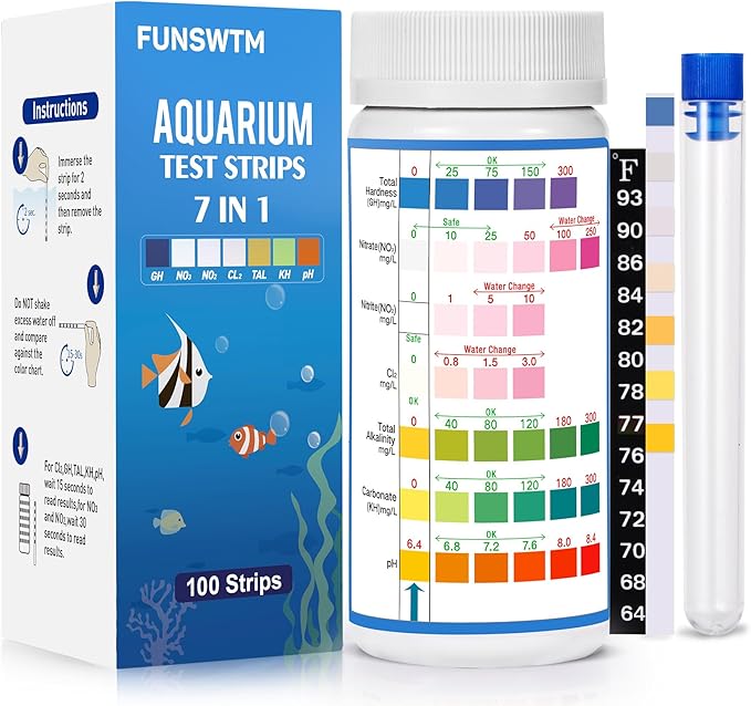 Aquarium Test Strips for Freshwater Fish: 7 in 1 Fish Tank Water Testing Kit for Aquarium Pond - Accurate Testing Nitrate Nitrite Hardness Free Chlorine pH Carbonate Total Alkalinity-100 Strips-PawvioPets