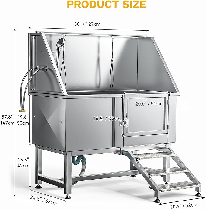 DWVO Professional Pet Dog Bathing Station for Grooming, 50'' Dog Grooming Bathtub with Right Staris, Floor Grate, Faucet, Showerhead & Soap Holder for Large, Medium & Small Pets-PawvioPets