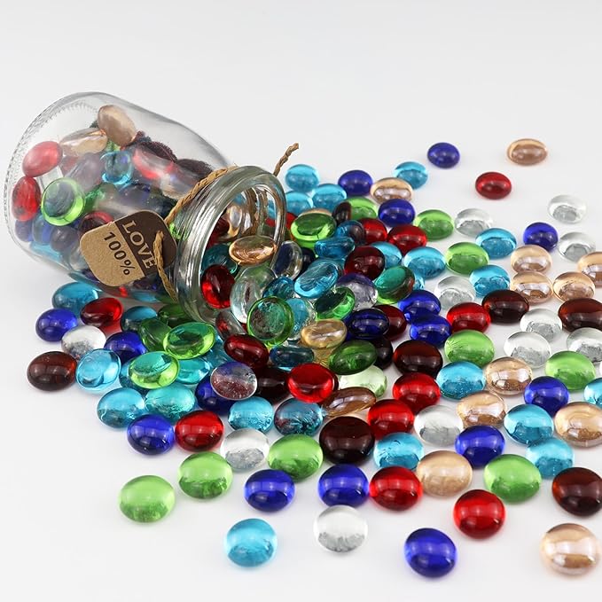 2.16LB Glass Beads Mix Colors Vase Filler Aquarium Gravel Decor Flat Glass Marbles Gems Pebbles Fish Tank Rocks Home Decorative Art Craft - 7 Colors Mixed-PawvioPets