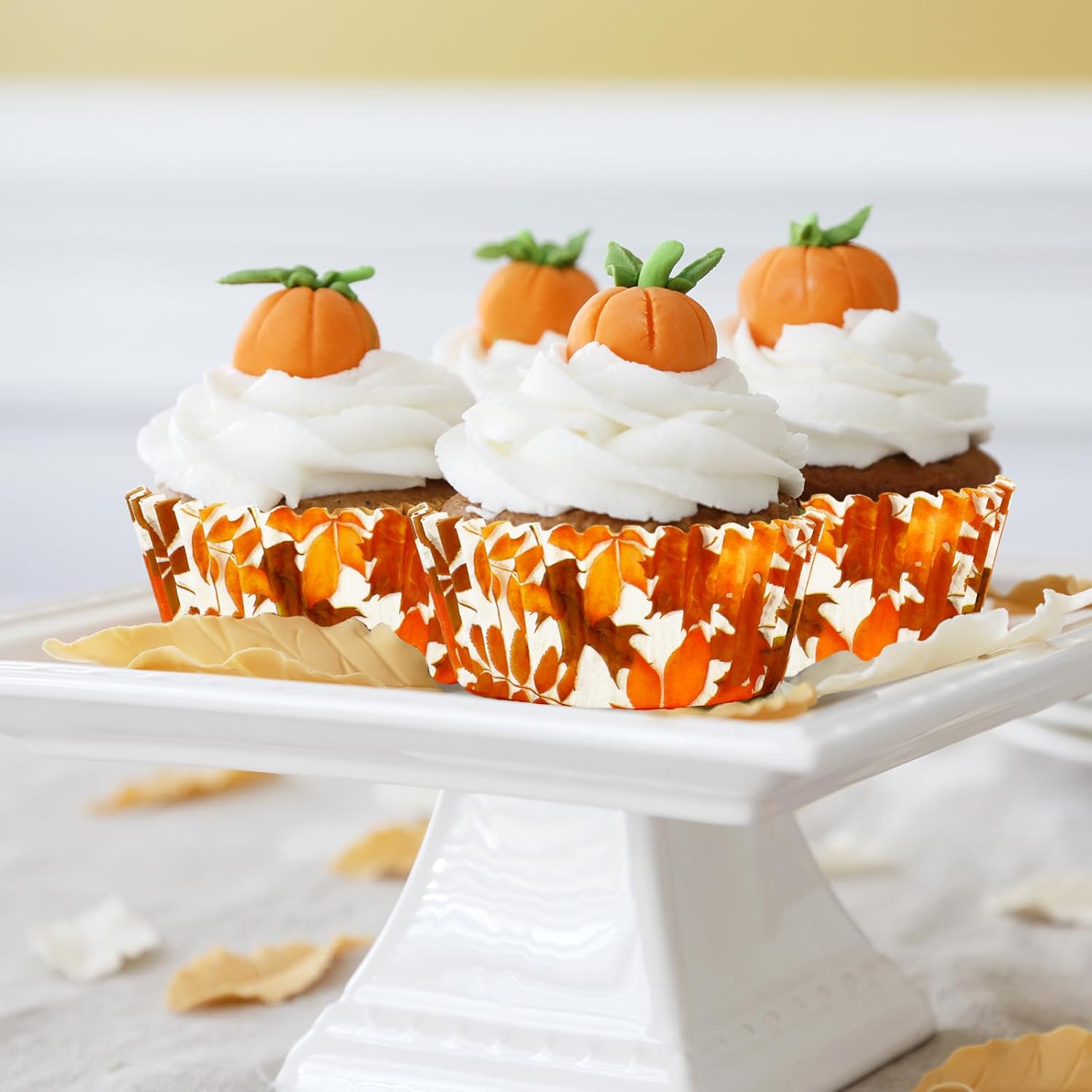 Whaline 300Pcs Fall Cupcake Liners Orange Maple Leaves Paper Baking Cups Thanksgiving Watercolor Leaves Paper Cake Muffin Liner Cupcake Wrappers for Autumn Harvest Party Supplies, 2x1.2 Inch
