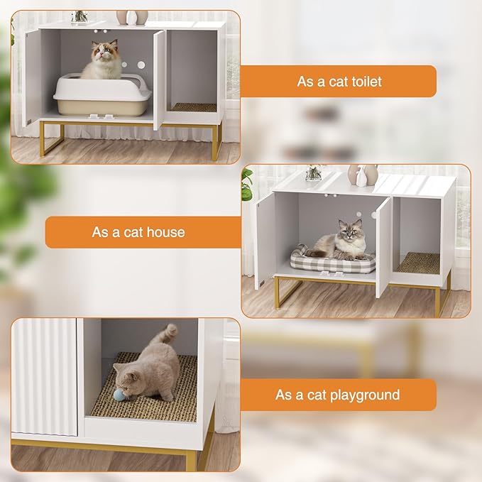 Cat Litter Box Enclosure, Fluted Hidden Litter Box Furniture with Scratch Pad and Metal Legs, Modern Enclosed Cat Cabinet, 31.5 x 17.7 x 21.7 Inches Indoor Pet House for Living Room, Washroom, White-PawvioPets