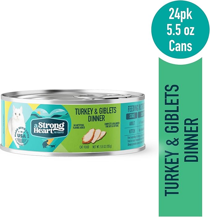 A Strong Heart Canned Wet Cat Food, Turkey & Giblets Dinner - 5.5 oz Cans (Pack of 24), Made in The USA with Real Turkey & Savory Giblets-PawvioPets