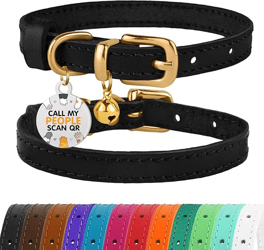 BRONZEDOG Leather Cat Collar with Removable Bells Non Breakaway Kitten QR Tag for Girl Boy (9" - 12" Cats/Mini Dogs, Black & Gold)-PawvioPets