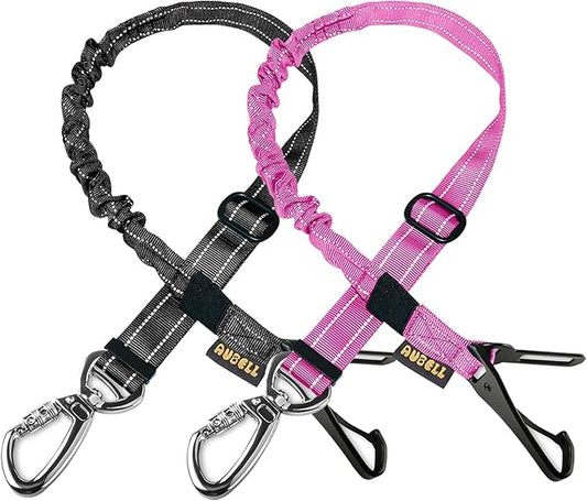AUBELL Dog Seat Belt for Car,2 Pack Set 3-in-1 Adjustable Reflective Bungee Heavy Duty Dog Car Harness Tether with Clip Hook Latch & Buckle,Swivel Zinc Alloy Carabiner,Black+Hotpink-PawvioPets