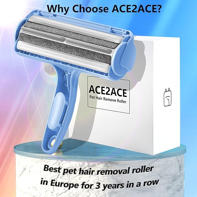 ACE2ACE Pet Hair Removal Tool, Lint Roller Brush for Cats and Dogs, Reusable Self Clean Pet Fur Remover, Pet Hair Remover for Laundry, Carpet, Furniture, Couch, Sofa and Bedding (Blue)-PawvioPets