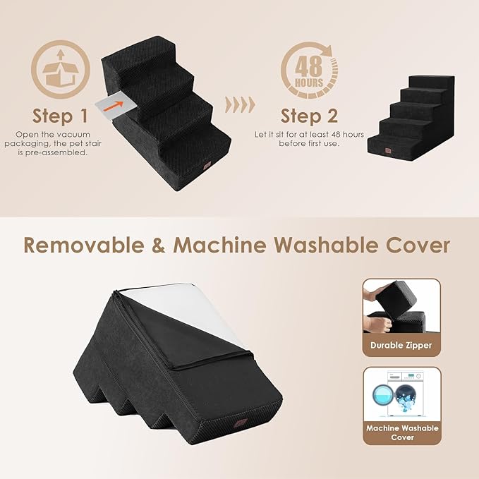 EHEYCIGA Dog Stairs for High Bed 22.5" H, 5-Step Dog Steps for Bed, Pet Steps for Small Dogs and Cats, Non-Slip Balanced Pet Ramp Indoor, Black-PawvioPets