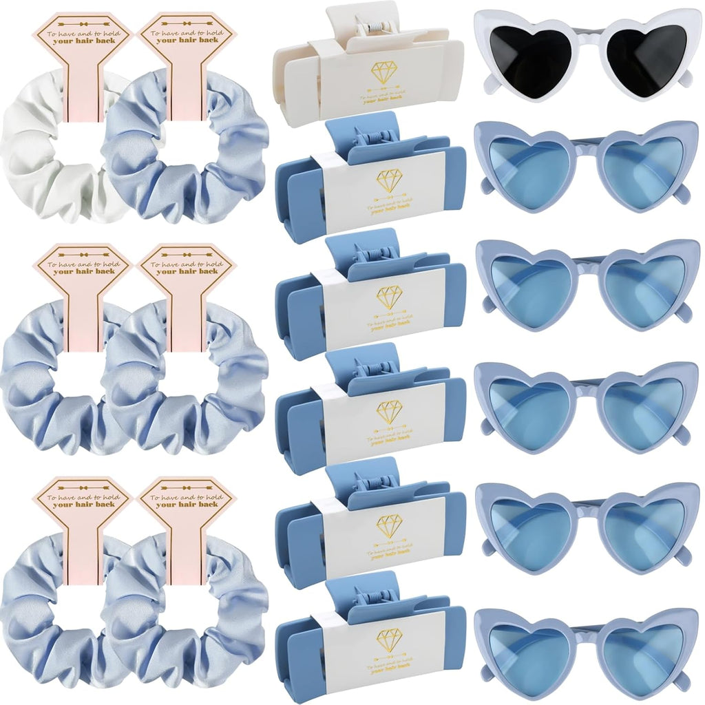 Bridesmaid Scrunchies Proposal Gifts 4.1inch square Hair Claws Bachelorette Hair Clip heart sunglasses Girls gift for Wedding Party Favors (18pcs White&Dusty Blue)