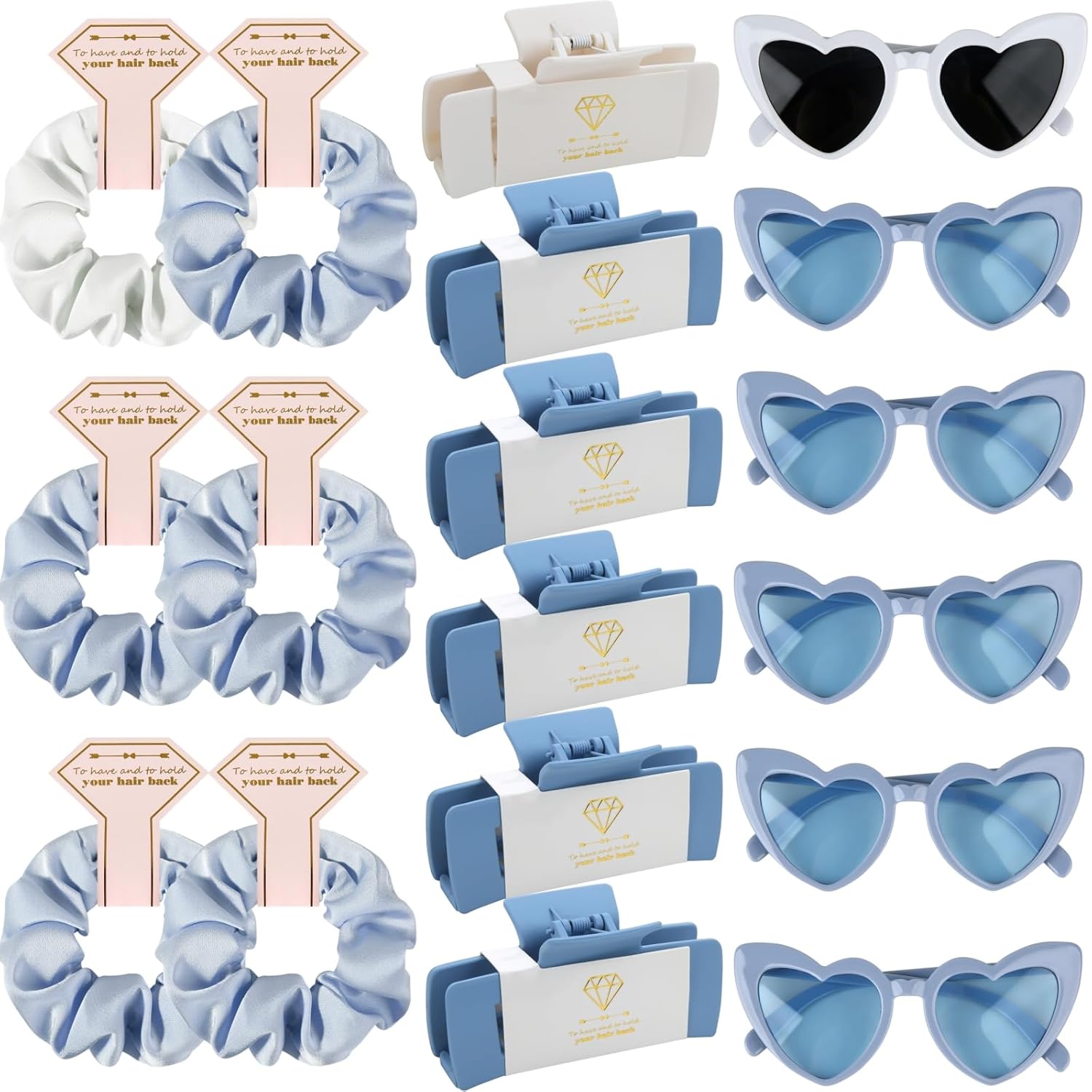 Bridesmaid Scrunchies Proposal Gifts 4.1inch square Hair Claws Bachelorette Hair Clip heart sunglasses Girls gift for Wedding Party Favors (18pcs White&Dusty Blue)