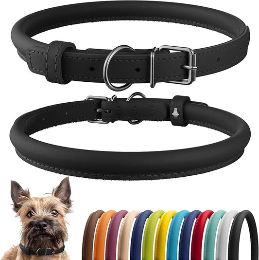 CollarDirect Rolled Leather Dog Collar, Soft Padded Round Puppy Collar, Handmade Genuine Leather Collar Dog Small Large Cat Collars 13 Colors (8-11 Inch, Black Smooth)-PawvioPets