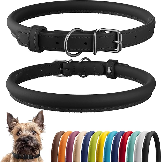 CollarDirect Rolled Leather Dog Collar, Soft Padded Round Puppy Collar, Handmade Genuine Leather Collar Dog Small Large Cat Collars 13 Colors (6-7 Inch, Black Smooth)-PawvioPets